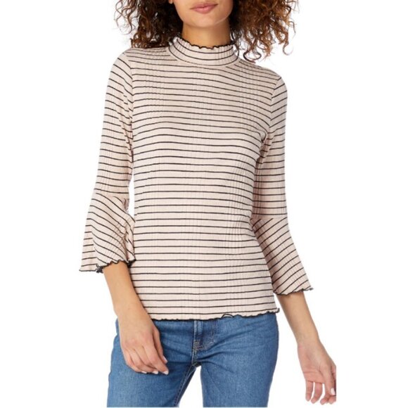 💕MICHAEL STARS💕 Rachel Stripe Mock Neck Top ~ Whisper Striped 90s Lettuce Edge - Picture 2 of 10